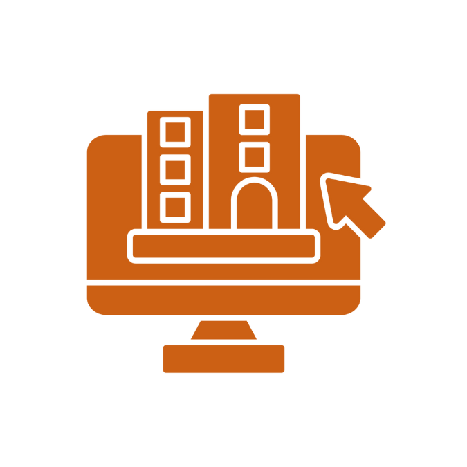 Icon representing online booking with an orange computer screen and building, symbolizing the ease of reserving coworking spaces online at Saratoga CoWorks.